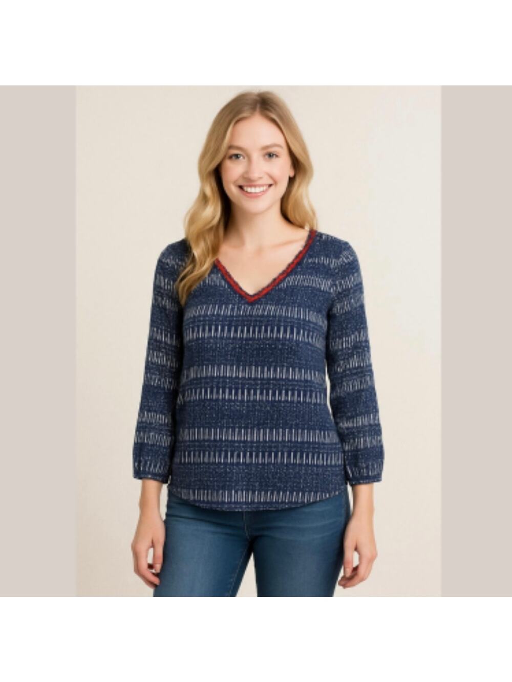 LUCKY BRAND Blue Gray Red V-neck Embroidered Top Medium